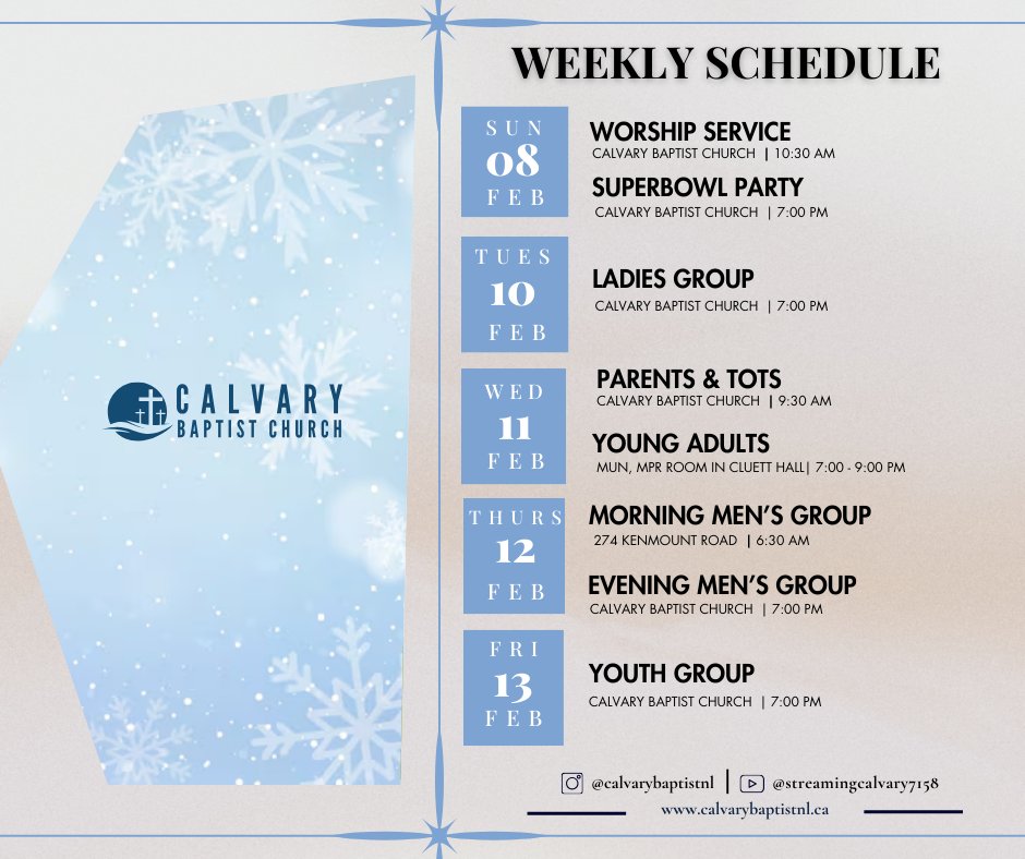 calvarystjohns's tweet photo. Here is our schedule for next week! Come &amp; start the week by joining us for our 10:30 am Sunday service as we worship the Lord together as a church family? All are welcome!
#calvarybaptistnl
#sundayworship
#gospelcommunitygroups
#youngadultministry
#youthministry
#parentsandtots https://t.co/i9nA3BdQk4