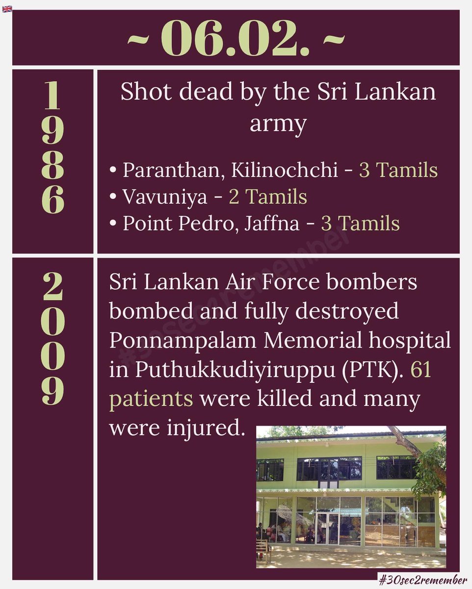 30sec2remember's tweet image. Feb 6 — We remember

1986: 8 Tamil civilians shot dead in Kilinochchi, Vavuniya &amp;amp; Point Pedro.
2009: Ponnampalam Memorial Hospital (PTK) bombed — 61 patients killed🚨

#Feb6 #30sec2remember #NeverForget