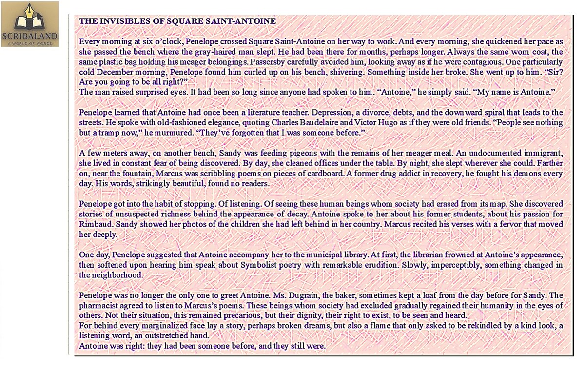 scribaland's tweet image. #scribaland THE INVISIBLES OF SQUARE SAINT-ANTOINE
About those whom #society rejects
Behind every #marginalized face lies a #story,perhaps shattered #dreams,but also a #flame that only waits for a #kind look,a #listening word,an outstretched #hand!#scribaland1 #invisibles #square