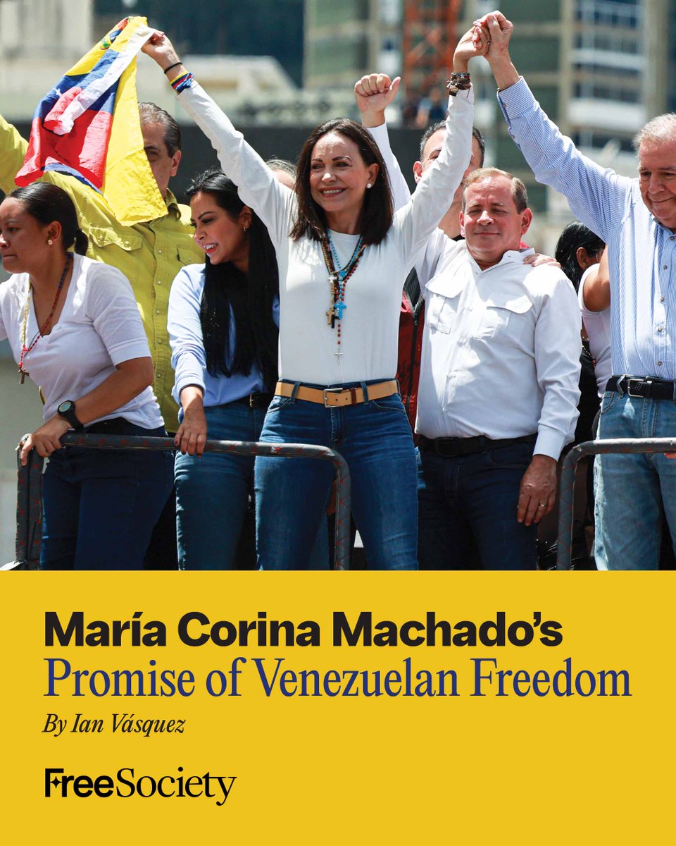 CatoInstitute's tweet photo. María Corina Machado’s movement represents Venezuela’s best hope for freedom, says Cato’s @VasquezIan. 

In this special preview of the Winter 2026 issue of Free Society, Vasquez details how Machado exposed the Chavista regime’s massive electoral fraud and unified Venezuela’s opposition.  

https://t.co/viC7zmkYKk