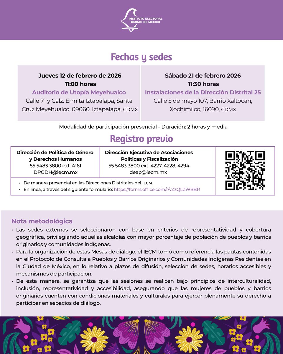 iecm's tweet photo. ¡Ya se acercan las Mesas de diálogo intercultural con mujeres de pueblos y barrios originarios!  Te esperamos para compartir saberes, experiencias y fortalecer la participación política libre de violencia.

🗓️📍Jueves 12 de febrero: Auditorio de la Utopía Meyehualco, Alcaldía Iztapalapa
🗓️📍Sábado 21 de febrero: Instalaciones de la Dirección Distrital 25, Alcaldía Xochimilco.
🔗 Realiza tu prerregistro: https://t.co/xMC8IbeDR7

#IECM
#ParticipaciónPolítica
#MujeresDePueblosYBarrios
#DiálogoIntercultural