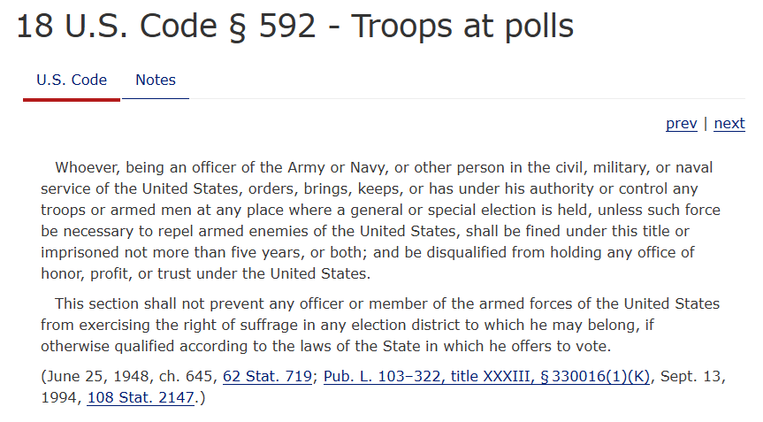 MemberBlasts's tweet photo. @kylegriffin1 Good thing we have 18 U.S. Code § 592 which states ANY "person in the civil, military, or naval service of the United States" . . . "at any place where a general or special election is held" . . ."shall be fined or imprisoned not more than five years, or both"!

NO ICE AT POLLS! https://t.co/npUv7DyyMY