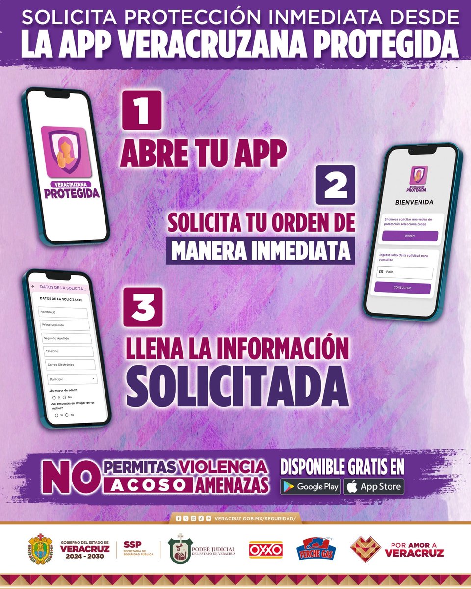 Protección al alcance de un clic📱.

​Sabemos que tratándose de tu seguridad, cada segundo cuenta. Por eso, Veracruzana Protegida, te brinda el respaldo jurídico y operativo si lo necesitas.

¡No estás sola 👩🏻👩🏽‍🦱👩🏻‍🦰👱🏻‍♀️, descárgala y conoce como funciona!