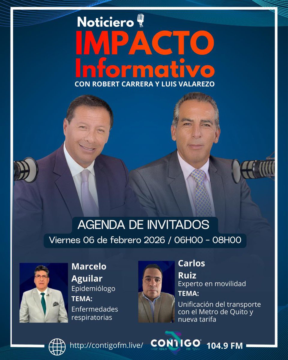 ImpactoInfoEc's tweet photo. Este viernes tendremos invitados especiales, les invitamos a sintonizar @ImpactoInfoEc desde las 6h00 @contigofm_radio @RobertCarrera11 @LuisValarezortu https://t.co/rys6z7qDcg