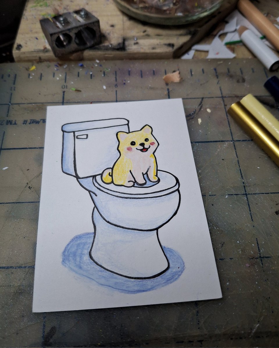 $doge $shiba on the $toilet 1 of 1 Collector Fine Art Card. 
Hand Drawn and Colored
Standard size for modern trading cards as 2.5 inches by 3.5 inches on Bristol Paper. 
<a href="/BagsApp/">BAGS</a> <a href="/finnbags/">FINN</a>