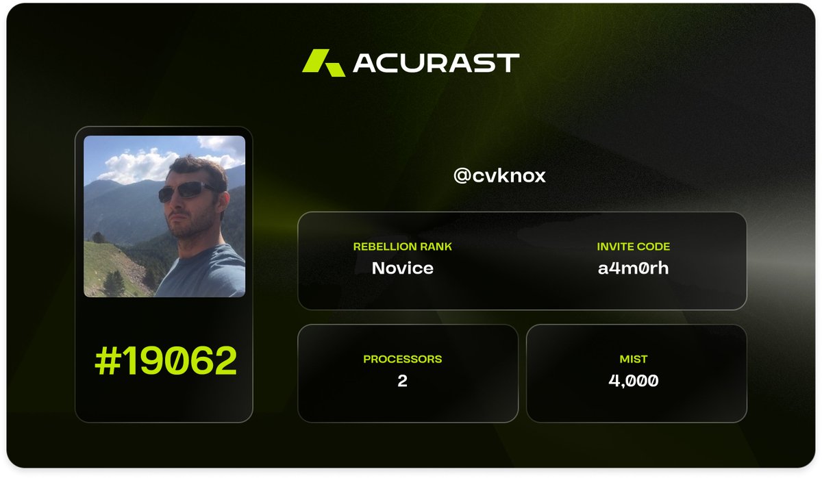 I have just claimed the #19062 <a href="/Acurast/">Acurast</a> ID Card.

TGE is closing in, so make sure to claim yours before it's too late! rebellion-backend.acurast.com/id-card/share/… 

#depin #acurast