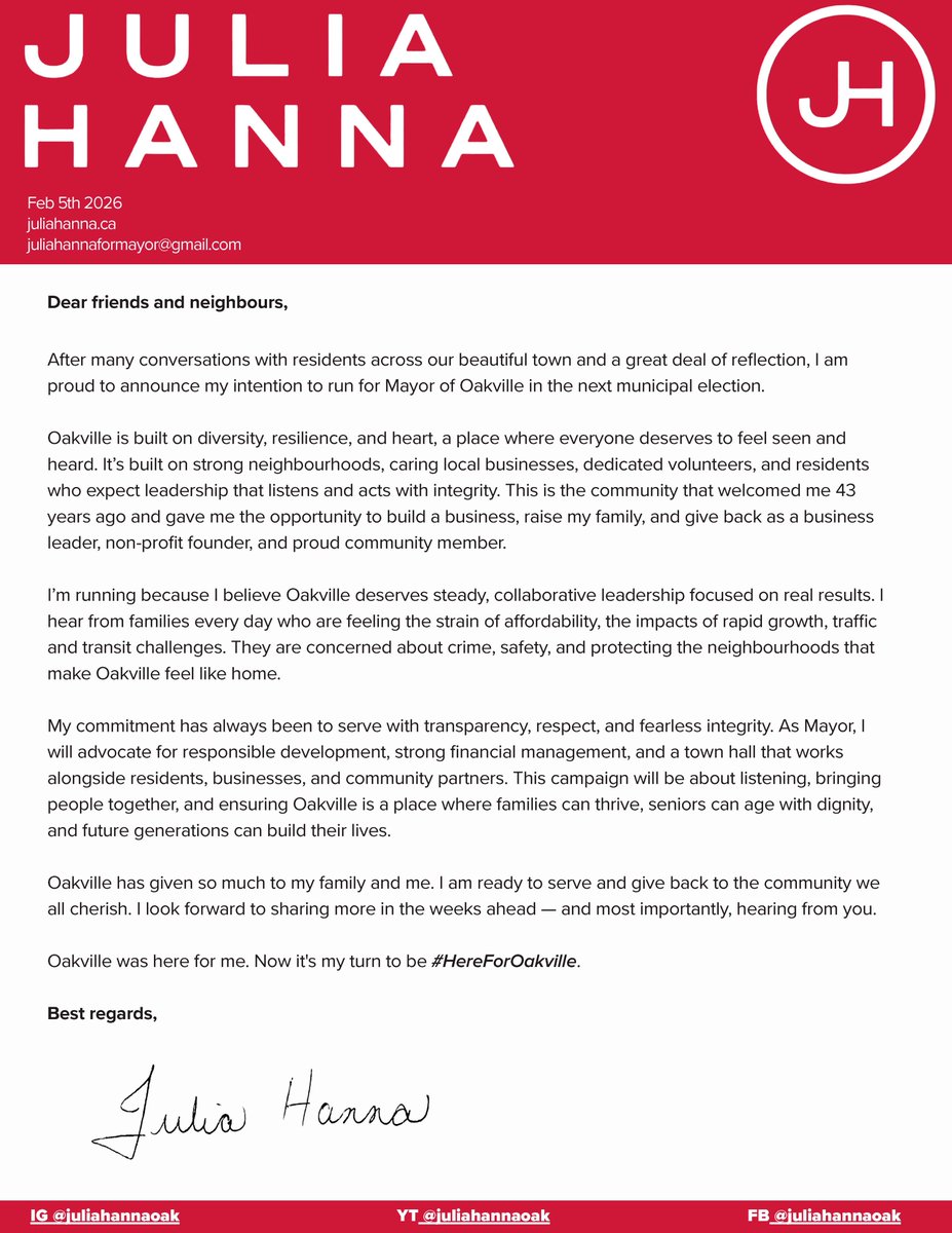 Julia Hanna Announces Intention for Candidacy in 2026 Oakville Mayoral Race

Read letter to citizens of Oakville and Press Release: 
juliahanna.ca/blog/julia-han… 

#HereForOakville #Oakville