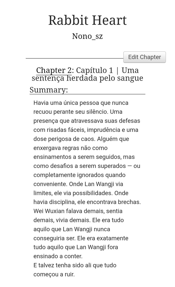Aopa! O primeiro capítulo de Rabbit Heart, minha fic dos wangxian, foi postado (desculpa a demora, eu procrastinei) 

archiveofourown.org/works/76678461…