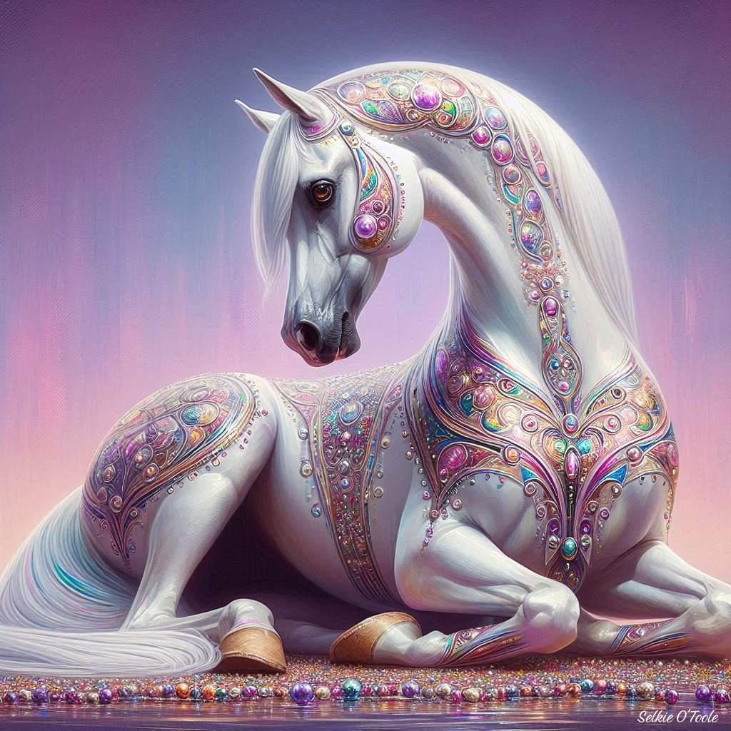 OSelkie53391's tweet image. The Jewel of The Realm 🔊

(Animated version of one of @BeanieBlossom prompt shares from July 2025. Third image on right is original image.) 

#Dall #GrokImagine #BejeweledHorse #Fantasy #AIArtistCommunity #AIArt #DigitalArt