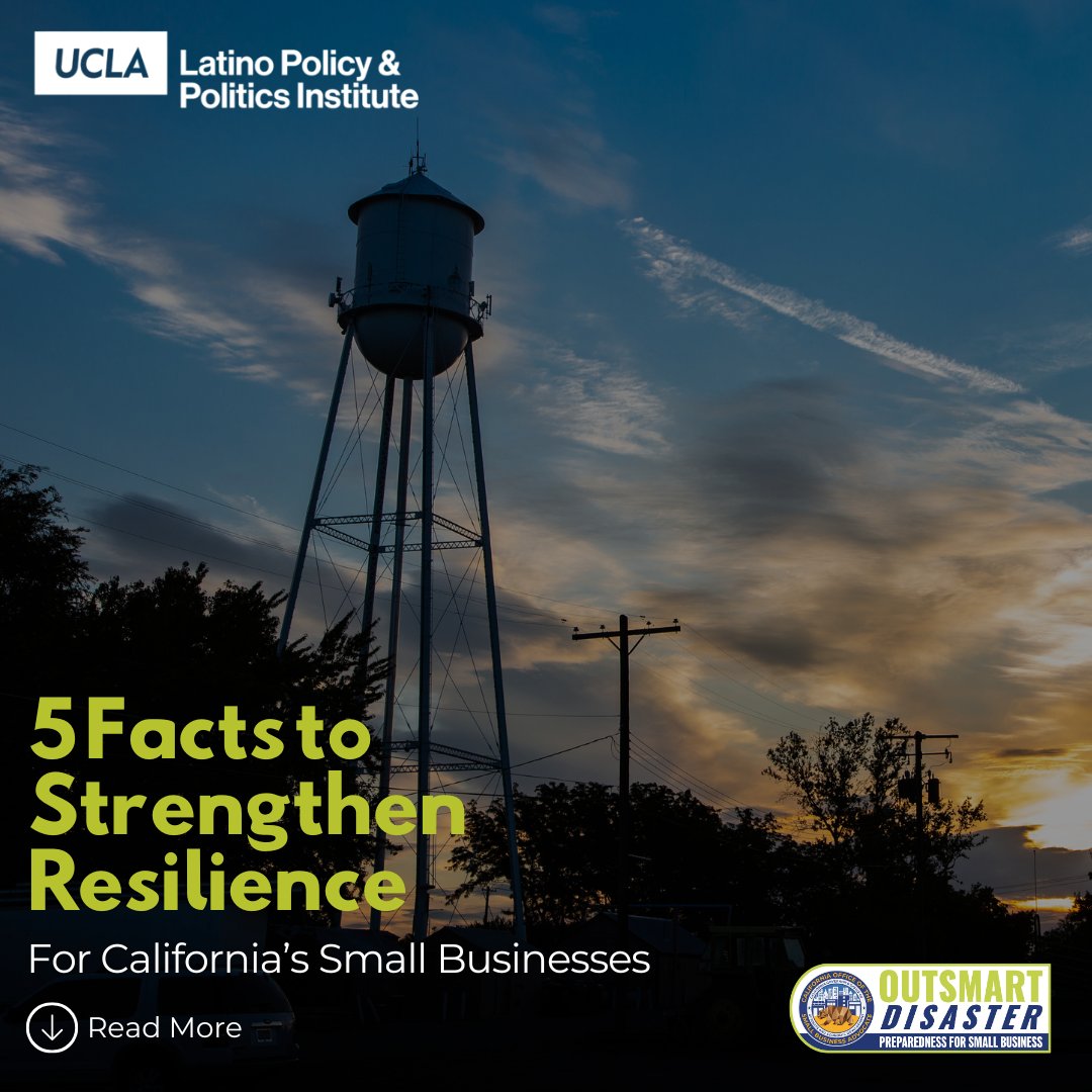CaliforniaOSBA's tweet photo. 💡 @OutsmrtDisaster: 5 Facts for Resilience 💡 CA small businesses face growing climate risks. 1 in 5 reported disaster losses, 28% lack insurance, and 69% don’t have a backup generator. Planning ahead helps businesses recover faster and stay open. 📊 UCLA LPPI #Preparedness https://t.co/6lQ41TeRb1