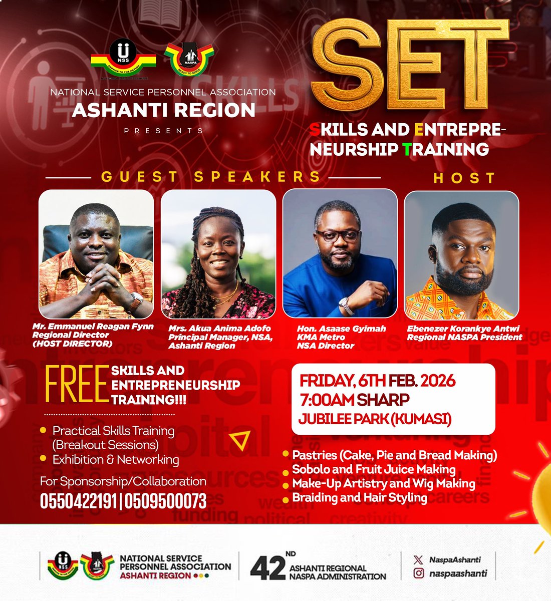 Dear participants of the maiden “NASPA SET” event,  

Here are the Guest Speakers for the  Ashanti regional NASPA SET event at the Jubilee park! 

#ComeAlongLetsGetSET!  

© A/R NASPA 2024/2025