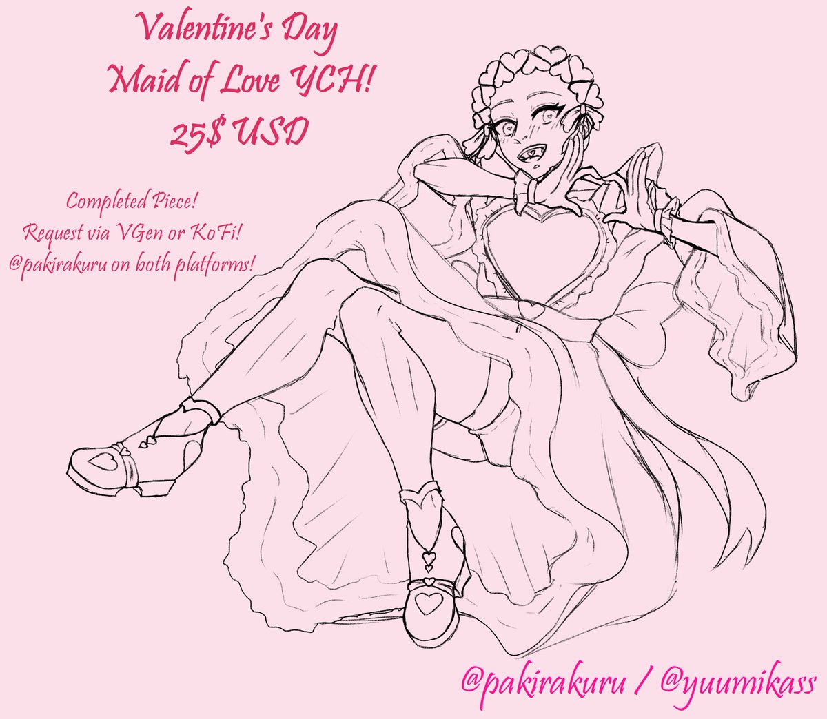 Hello everyone! Valentine's Day is coming up so I am selling a Maid of Love YCH on #VGen and Ko-fi! 3 slots open! Links below if you're interested! Your support is much appreciated ❤️
♡
♡
♡
#VGenComm #ychcommission
