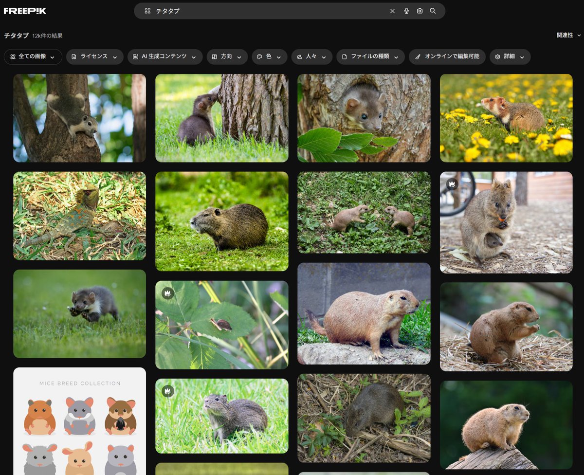 Freepikさん、無料素材の検索で「チタタプ」って入れたら、可愛いアニマルがいっぱい出てくるのホントやめて😣

どんな検索ロジックやねん。

チタタプしちゃっていいのぉ？いいのぉぉ？

#チタタプ