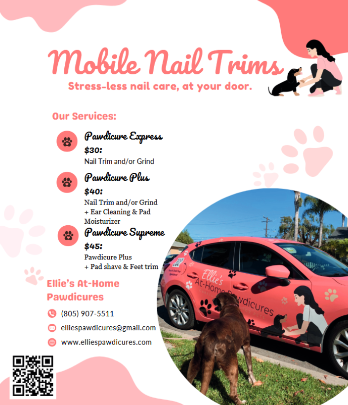 COMMUNITY FOCUS: (Conejo Valley/Simi Valley/Moorpark/Camarillo)
Ellie’s At-Home Pawdicures
805-907-5511
elliespawdicures.com
instagram.com/elliespawdicur…