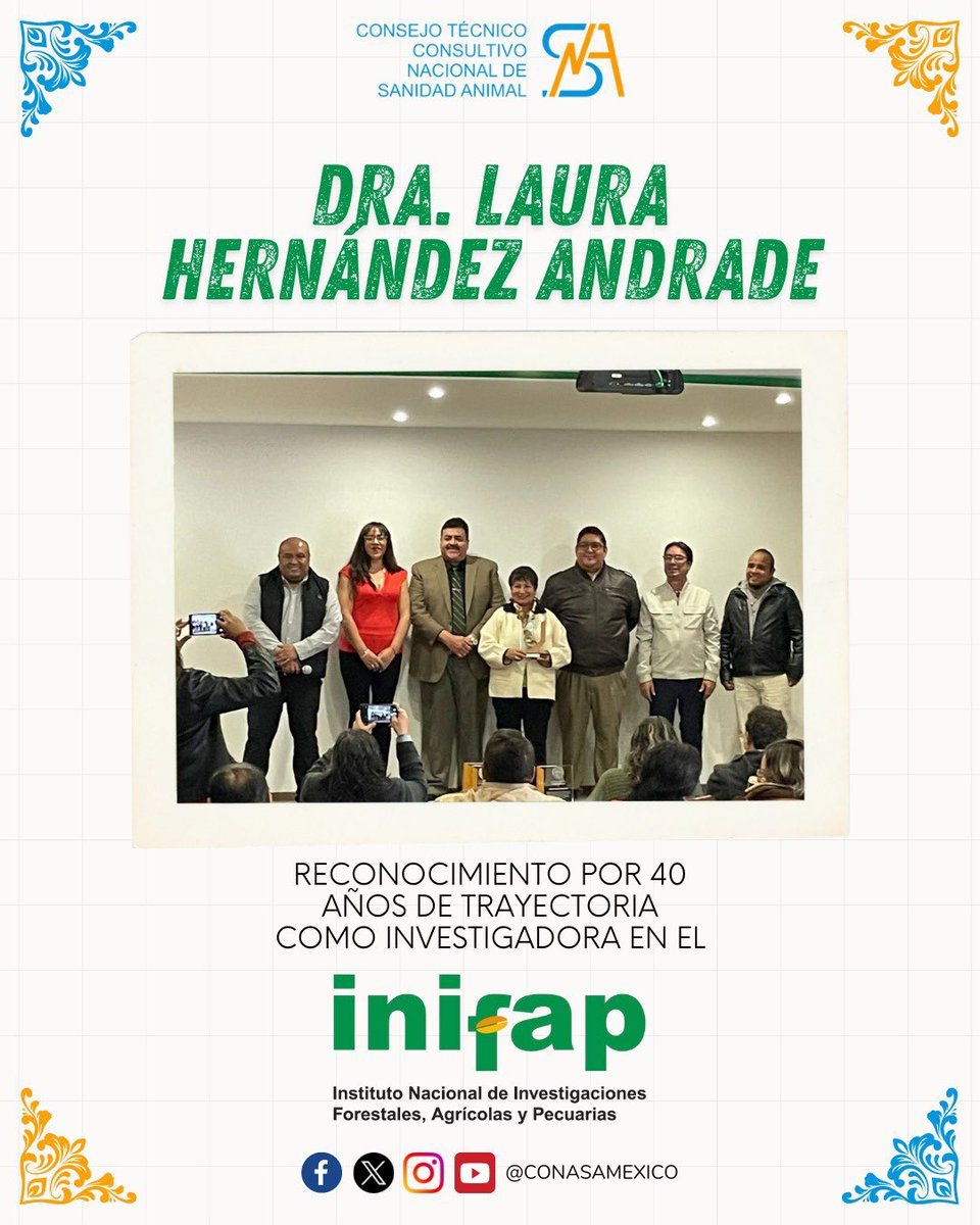 🎉 Felicidades Dra. Laura Hernández Andrade 🎉
El día de hoy recibió el reconocimiento a su trayectoria de 40 años como investigadora en el <a href="/inifap/">INIFAP</a> 
Desde el CONASA felicitamos a nuestra colega y Coordinadora del Comité 9, reconociendo su compromiso y dedicación. 
👏🐑🐐