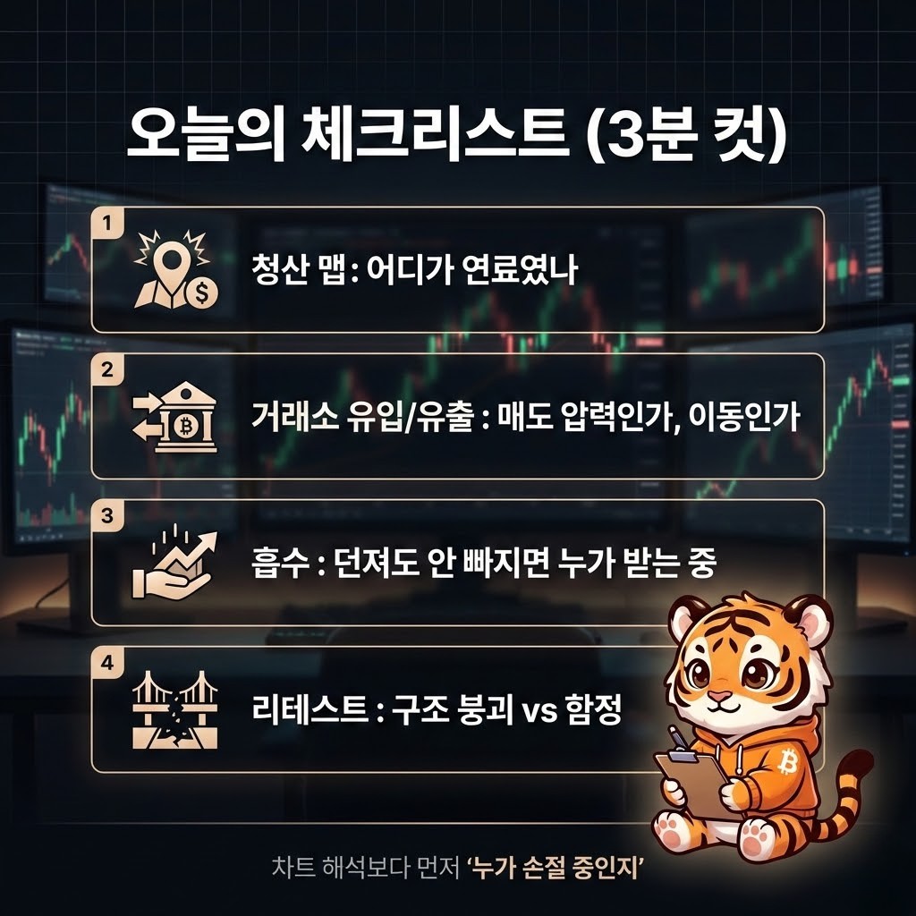 TranTradingLab's tweet image. 오늘의 체크리스트 (3분 컷)

✅ 가격이 급락/급등했을 때, 난 이 4개만 봅니다:

1.청산 맵: 어디가 ‘연료’였나
2.거래소 유입/유출: 매도 압력인가, 이동인가
3.흡수: 던져도 안 빠지면 누가 받는 중
4.리테스트 실패/성공: 구조가 깨졌나, 함정이었나

차트 “해석”보다
먼저 누가 돈을 잃고…