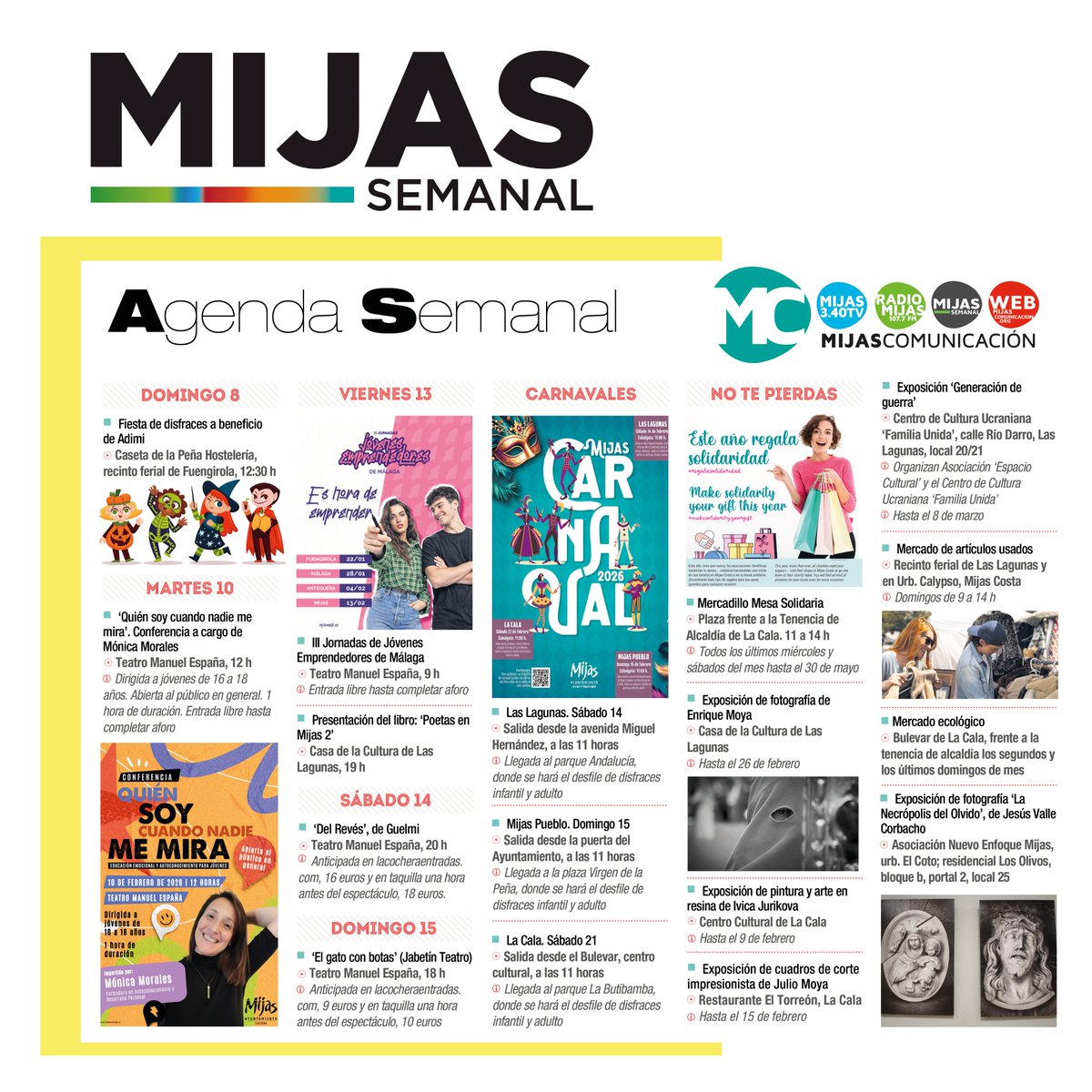 #Agenda | #Mijas
📆 Mijas Semanal te acerca la agenda de eventos de los próximos días: exposiciones, fiestas, conferencias, mercadillos y mucho más para disfrutar al máximo de las ofertas culturales y de ocio del municipio.
📲 689 72 90 32
🇪🇸 tinyurl.com/yep8a67f