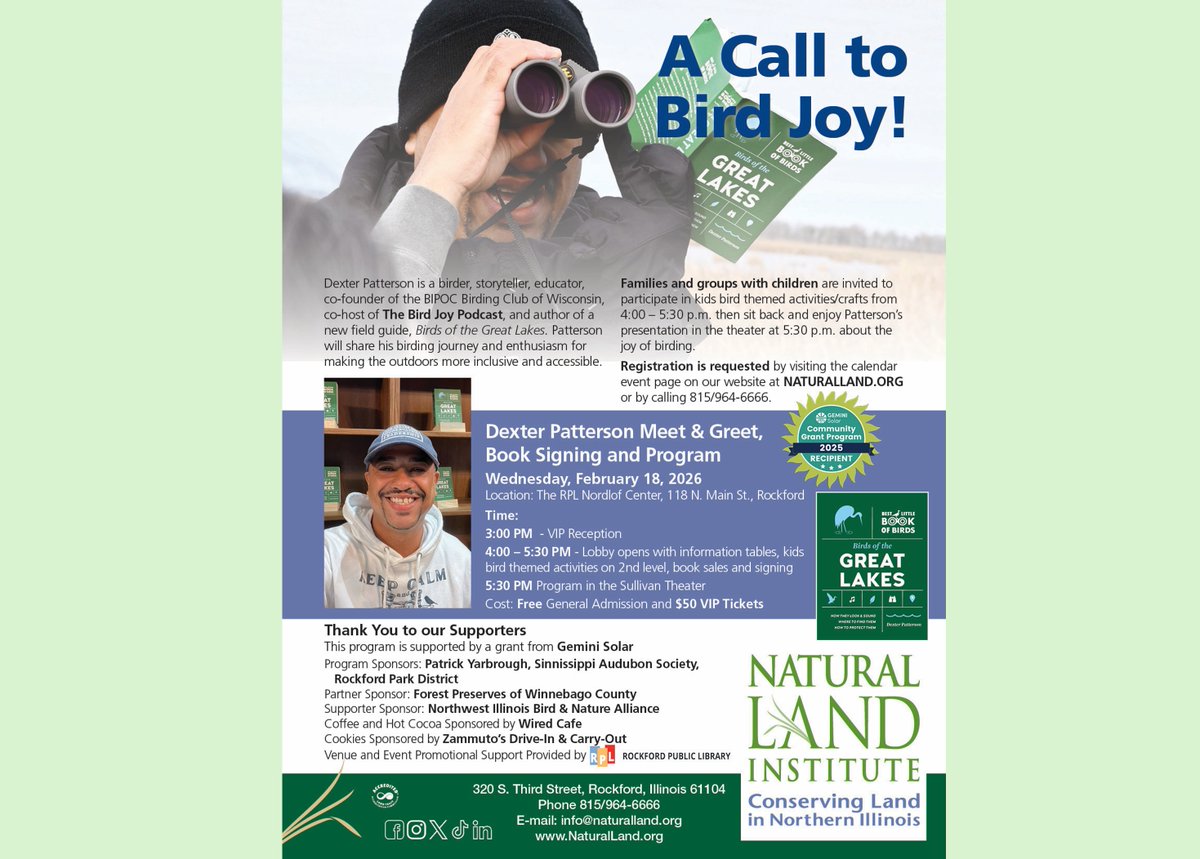 We have a BIRD-tastic event for you on Feb. 18th! Whether you are an avid birder or not, love nature or are curious about birds, Dexter Patterson will inspire you with his enthusiastic personality. Learn more about the event and register here: naturalland.org/event/dexter-p…