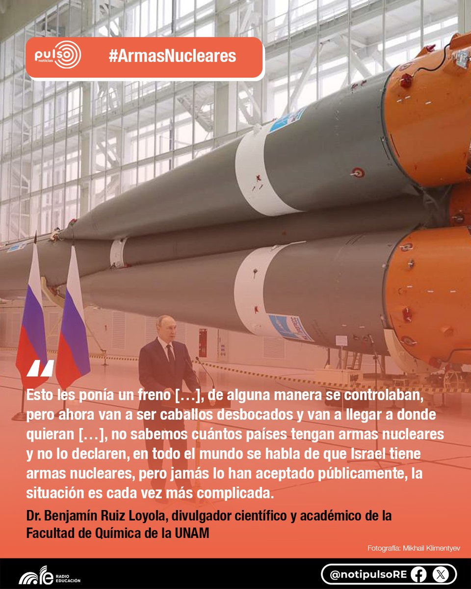 notipulsoRE's tweet photo. ⚠️ Rusia y Estados Unidos terminan acuerdo de no proliferación nuclear que establecía un sistema de inspecciones y verificación mutua. #ArmasNucleares #STARTIII
Sobre esto conversamos con el Dr. Benjamín Ruiz Loyola 👇 #PulsoNoticias 📻
https://t.co/DjGAZy6G1h https://t.co/AFN5u1TZYx