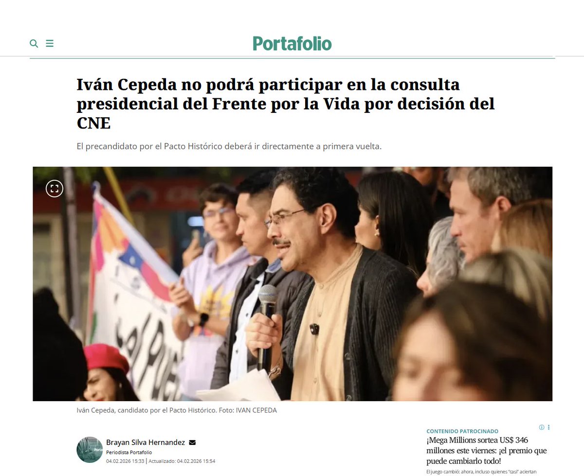 El <a href="/CNE_COLOMBIA/">CNE Colombia</a> concluyó que <a href="/IvanCepedaCast/">Iván Cepeda Castro</a> no puede inscribirse en la consulta presidencial de marzo de 2026.

El calendario preveía dos fechas posibles para consultas: octubre de 2025 y marzo de 2026. La coalición del <a href="/PactoCol/">Pacto Histórico Oficial</a> optó por octubre y allí fue elegido su candidato