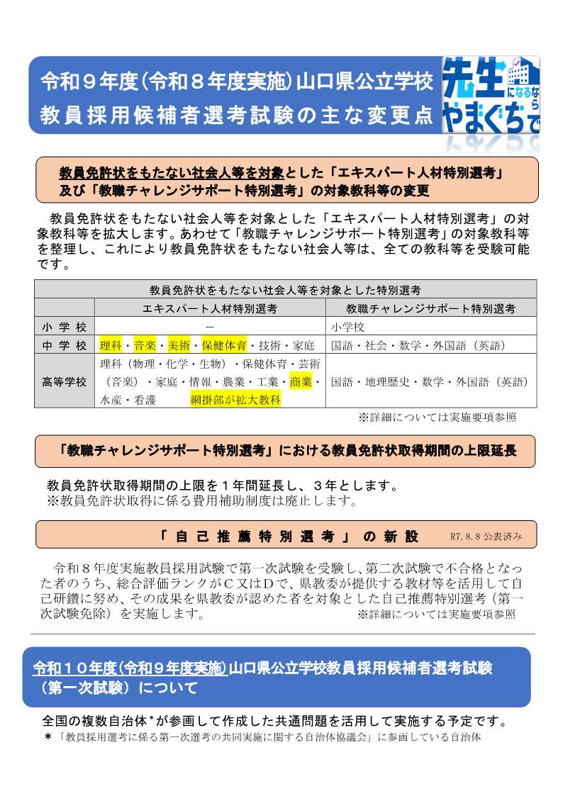 📢山口県の先生をめざすみなさん📢

「#エキスパート人材特別選考」とは、教員免許状をもたない社会人等を対象とした特別選考です✏
令和８年度実施試験から、対象教科が変更となりました！

詳しくこちら👇
pref.yamaguchi.lg.jp/soshiki/178/33…

#山口県教育　#教員採用　#教採　#教員募集