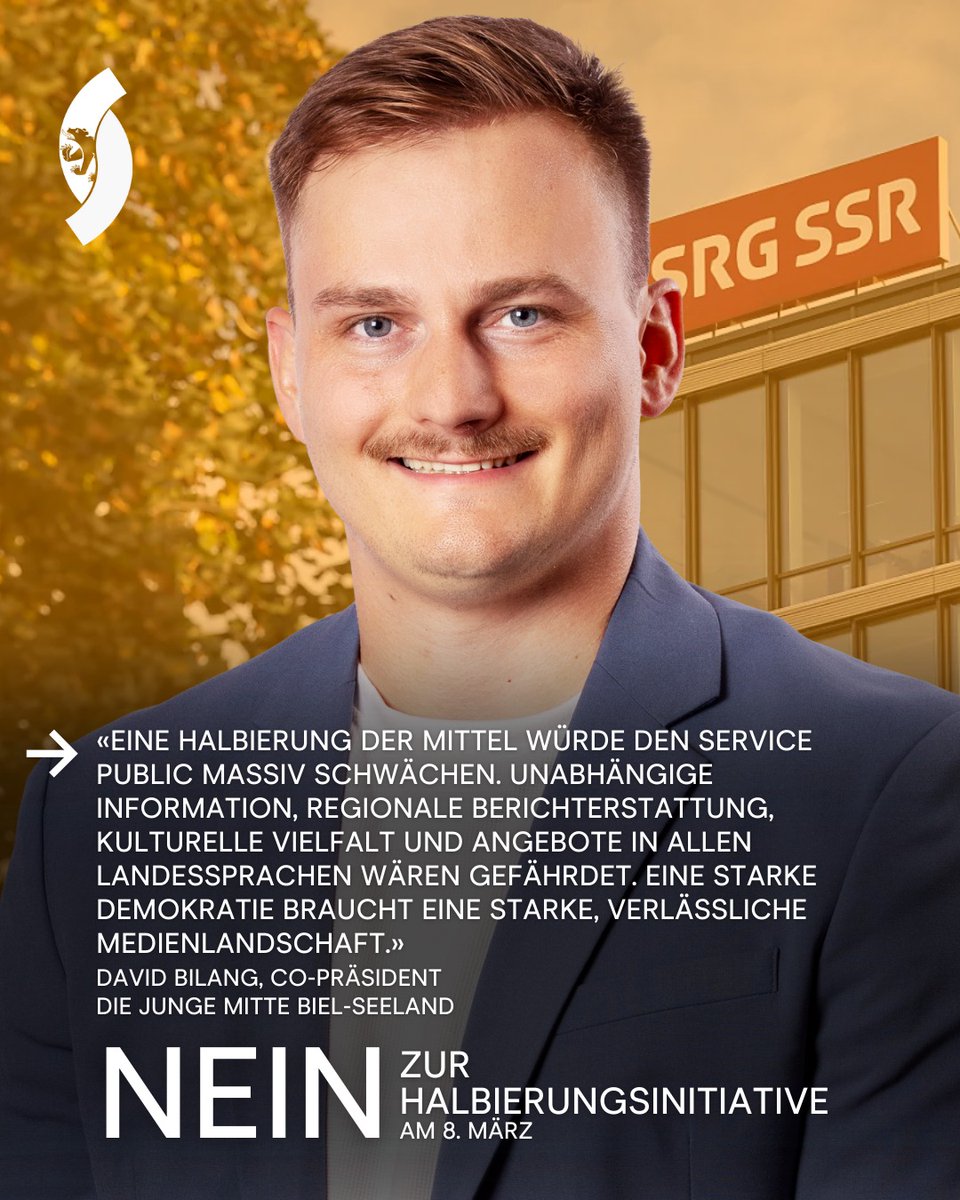DieJungeMitteBE's tweet photo. Unser Vorstandsmitglied David Bilang sagt Nein zur #SRG #Halbierungsinitiative, denn eine Halbierung würde den Service Public massiv schwächen. Unabhängige &amp; regionale Berichterstattung, kulturelle Vielfalt &amp; Angebote in allen Landessprachen wären gefährdet.
#DieJungeMitteBern https://t.co/B0S6J1BaHD