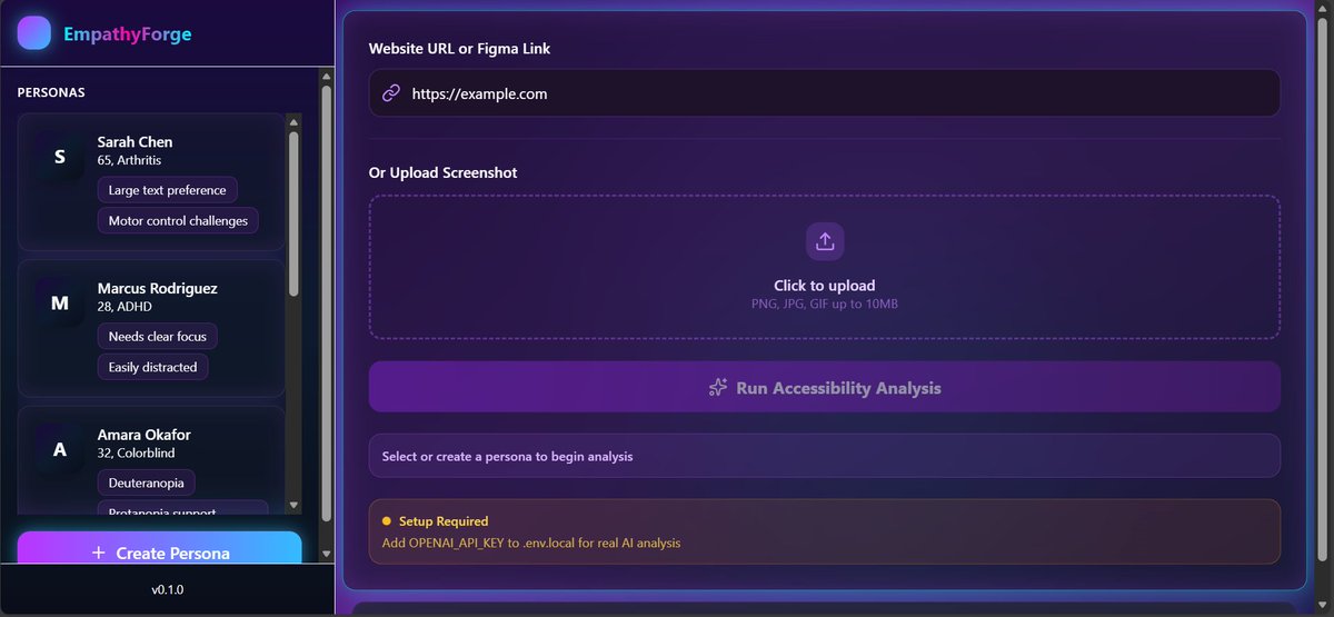 amiprin7's tweet photo. Built EmpathyForge – AI accessibility simulator for #v0PromptToProduction!  

Tests websites with personas (elderly, ADHD, colorblind) → issues, WCAG, fixes.

Demo: https://t.co/bq3W19zzU0 
Github:https://t.co/vbVLjSirZX
@v0 @Dagmawi_Babi #VibeCoding https://t.co/kitQb4QuwW