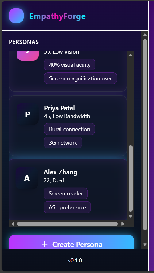 amiprin7's tweet photo. Built EmpathyForge – AI accessibility simulator for #v0PromptToProduction!  

Tests websites with personas (elderly, ADHD, colorblind) → issues, WCAG, fixes.

Demo: https://t.co/bq3W19zzU0 
Github:https://t.co/vbVLjSirZX
@v0 @Dagmawi_Babi #VibeCoding https://t.co/kitQb4QuwW