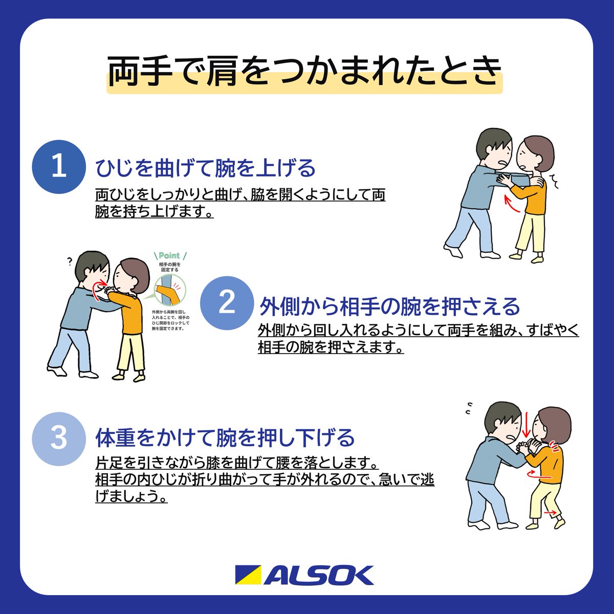 ⚠️両手で肩をつかまれたとき⚠️

不審者に両手で肩をつかまれると、相手の力次第では力ずくで逃げられないことも。
ご自身を守るためにも、「かわして逃げる！」という動作を身につけておきましょう。

ポイントは「相手の腕を外側からロック」です🔒
#ALSOKの護身術 

▼詳しくはこちら