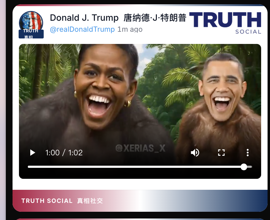 0xCutscene's tweet photo. @FearedBuck @FearedBuck
Trump posted a video of Michelle and Barack obama as monkeys on truth social wtf

https://t.co/n9LoR3x3xO https://t.co/dGqsKNVFYw