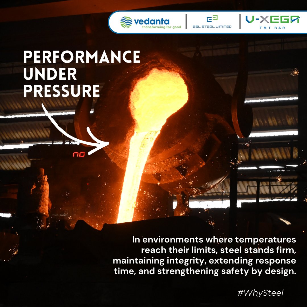 ESLSteelVXega's tweet image. Built to perform where others weaken. Steel withstands extreme temperatures, extending response time and enhancing safety by design.

#ESLSteelLimited #WhySteel #EngineeredForStrength #SteelForGenerations #BuiltToLast #HarBarDumdaar #TransformingForGood #Vedanta