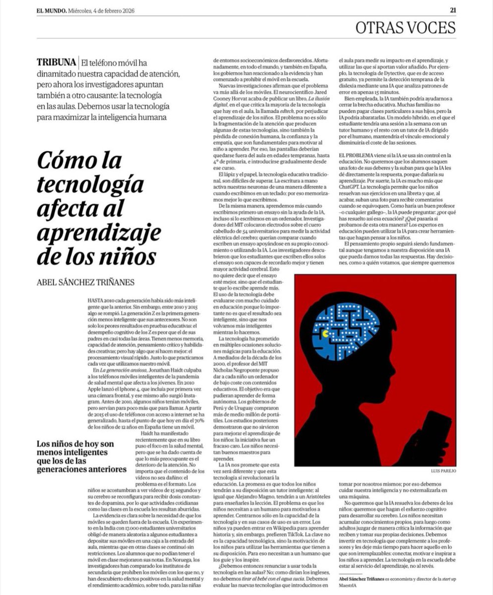 vicente_alcaniz's tweet photo. "Lo importante no es que el resultado sea inteligente sino que nos volvamos más inteligentes. Tecnología que complemente a profesores y les deje > tiempo en lo que son irremplazables: conectar, motivar e inspirar a aprender. La tecnología al servicio del aprendizaje, no al revés" https://t.co/nwjh263Kc2