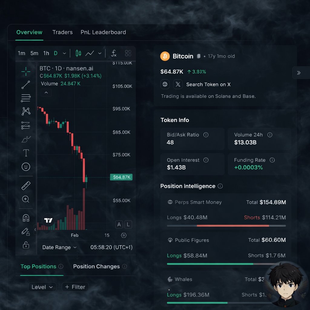 marvellousdefi's tweet photo. Since you hate what the chart looks like.

Take a look at the data onchain. 

$BTC biases based on category:
- smart money are heavy on shorts 
- whales are heavy on longs
- public figures are heavy on longs

🧵: Quickly, let me explain what this all mean.

This doesn’t look like a bottom, but it looks like phase one after a leverage flush.

Here’s why:
1. The dump to 59k was real, but it wasn’t finished yet. Yes, BTC nuked hard and flushed a ton of late longs, but open interest stayed high. 

A real bottom usually comes with:
- OI collapsing
- Traders getting bored
- Price going sideways, not bouncing cleanly

We don’t have that yet.
2. The bounce is mechanical, not belief-driven, and this bounce happened because:

- Liquidations stopped after $2.2B worth of longs were liquidated.
- Shorts took profit
- Price snapped back to the nearest liquidity pocket

So far, there’s no strong long conviction behind it, and funding being basically flat confirms that.

3. Smart money not buying this bounce is the biggest red flag.

- Smart money is net short
- Public figures are heavily long
- Whales are neutral / hedged

That’s not how bottoms form. However, that’s how range traps and second legs down form.

All together, what do I think happens here?

Well, I am not calling doom, just probabilities & the 
> Most likely paths:

- Chop + retest lower or range with another flush to scare out bounce longs.

> Less likely: clean V-reversal continuation.

Could this still go up? Of course. But risk/reward is bad for fresh longs here.

Data/@nansen_ai
