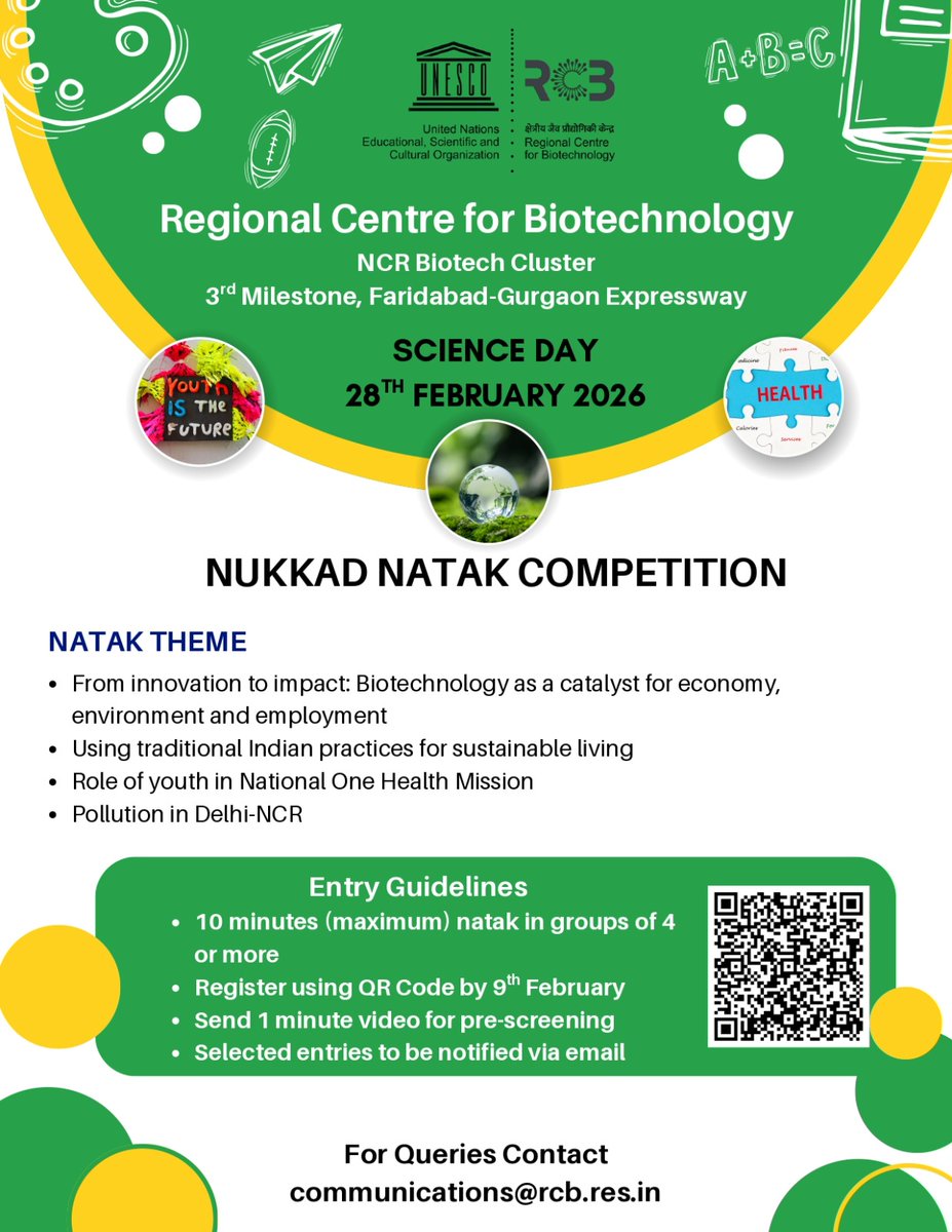 🎭🔬 NUKKAD NATAK COMPETITION | RCB SCIENCE DAY 2026 🏆
Participate and win exciting prizes 💰
🕒 Max 10 min | Team of 4+
🗓️ Register by 9 Feb 
<a href="/BricDbt/">BRIC DBT</a> <a href="/DBTIndia/">Department of Biotechnology</a> <a href="/UNESCO/">UNESCO 🏛️ #Education #Sciences #Culture 🇺🇳</a> <a href="/unescoindia/">UNESCO South Asia 🏛 #Education #Sciences #Culture</a> <a href="/ArvindK_Sahu/">Arvind K. Sahu</a> <a href="/Shivani38107628/">Shivani Vashist</a>
