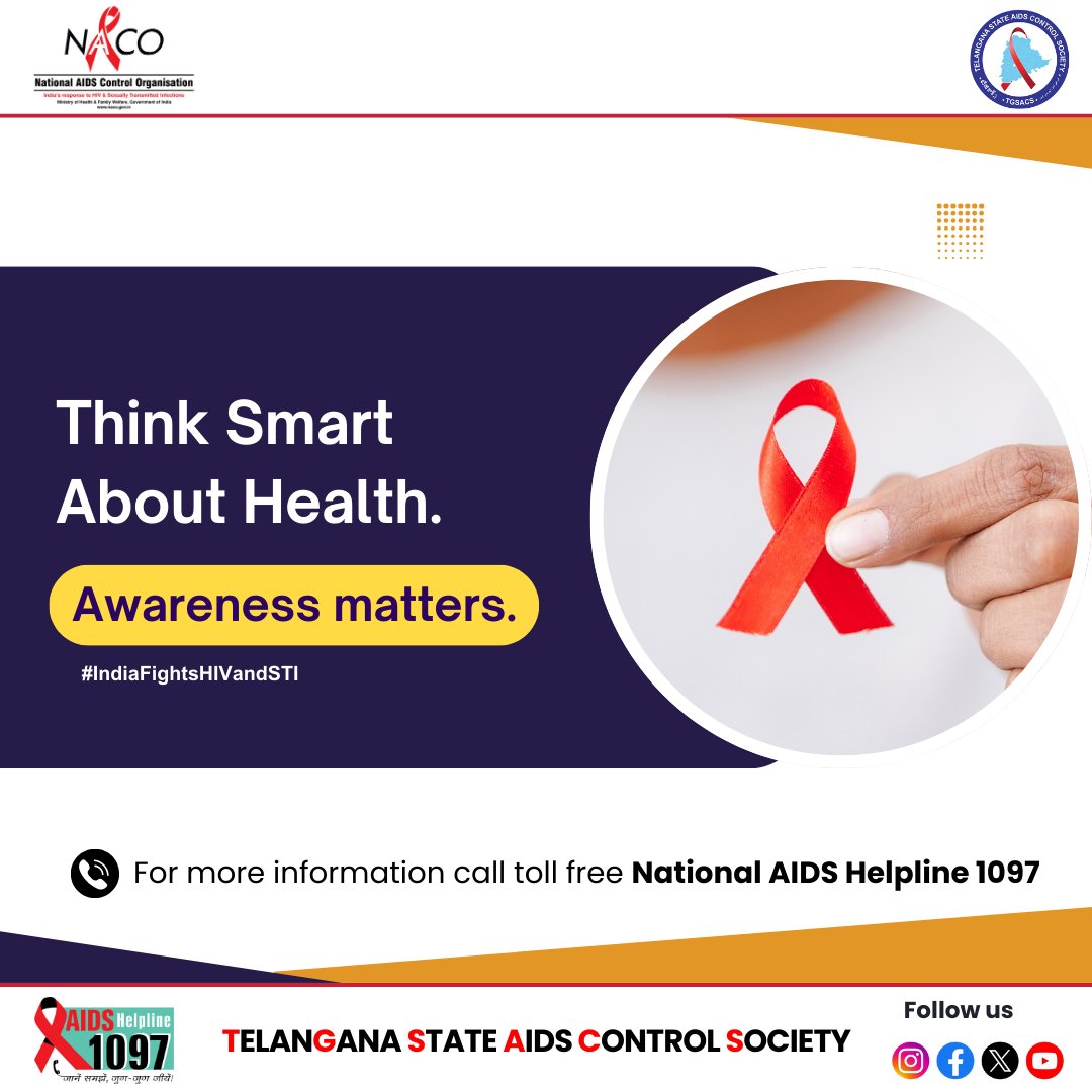 TGSACS1's tweet image. 🧠 Think Smart About Health.
📢 Awareness matters.
Knowing the facts about HIV helps you make informed and healthy choices.
#ThinkSmart #AwarenessMatters #HIVAwareness
#NationalAIDSHelpline1097 #Tgsacs
#IndiaFightsHIVandSTI
