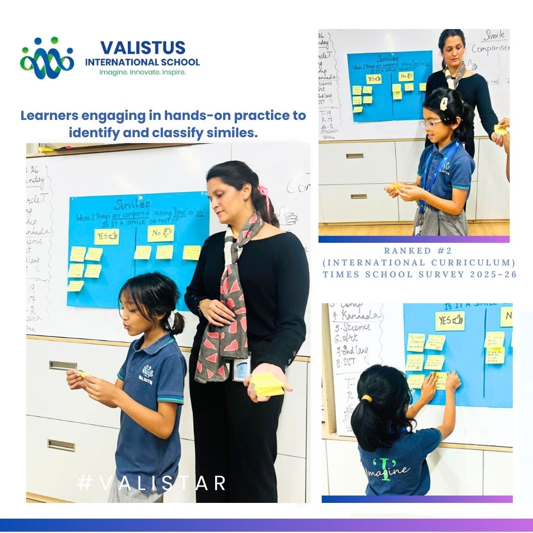 valistusschool's tweet photo. 📘 Learning Similes the Fun Way! 📘

Year 2 learners sorted sentences to identify similes, building confidence, independence &amp; teamwork. Their colourful chart now brightens the classroom! 📚✨
#VALISTAR #SchoolsInBangalore #IBLearners #EngagingLearning https://t.co/QhGLRSc1KM