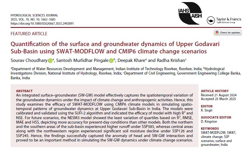 NIH_Hydrology's tweet photo. Featured Article! 📷📷

We are proud to share that the article “Quantification of the surface and groundwater dynamics of Upper Godavari Sub-Basin using SWAT-MODFLOW and CMIP6 climate change scenarios” has been selected as the Featured Articlein Hydrological Sciences Journal (Vol. 70, Issue 10).

Authored by Sourav Choudhary, Santosh Murlidhar Pingale, Deepak Khare, and Radha Krishan, this study advances integrated surface–groundwater modeling under future climate scenarios, contributing to informed water resources planning and management.

🔓 The article will be open access for six months, enabling the global research community to engage with this important work.

We thank the co-editors of HSJ for recognizing this contribution to hydrological sciences.

The paper can be accessed from the link:

https://t.co/B8jti0UgFm

https://t.co/ZwARl07L8M

#Hydrology #Groundwater #SWATMODFLOW #CMIP6 #ClimateChange #WaterResources #Research #HydrologicalSciencesJournal #OpenAccess #FeaturedArticle #UpperGodavari #IntegratedModeling #NIHRoorkee #MinistryofJalShakti

@DoWRRDGR_MoJS