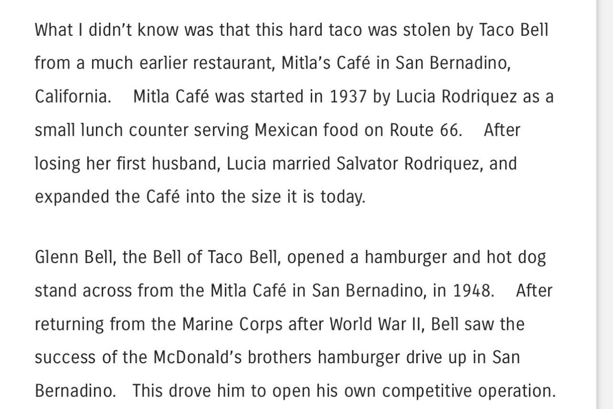 Native Californian / journalist here. 

What you’re calling “white people tacos” (Taco Bell crunchy tacos) were stolen from the Mitla family, who were Mexican. In 1937