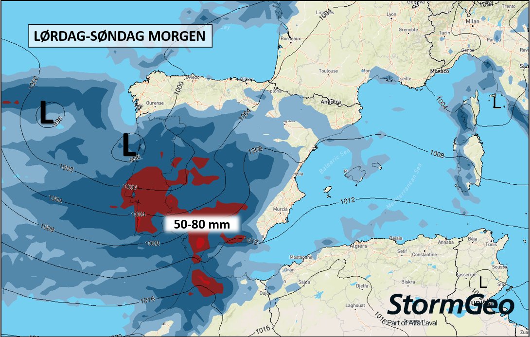 StormGeoWeather's tweet photo. Kraftig lavtrykk har gitt ekstreme nedbørmengder med flom og skred sør i Portugal og sørvest i Spania de siste dagene. Nytt hissig lavtrykk utvikler seg og kommer inn over de samme områdene lørdag. #stormgeoweather https://t.co/chhWsQpDAD