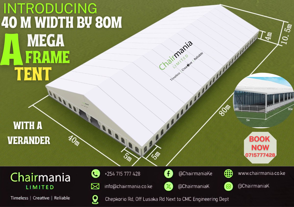 ChairmaniaK's tweet image. Chairmania unveils the NEW 40M x 80M luxury event tent where grandeur meets elegance and vibrant colour! Perfect for weddings, corporate events &amp;amp; mega celebrations.

#Chairmania #EventTent #LuxuryEvents #TentHireKenya #EventPlanning
