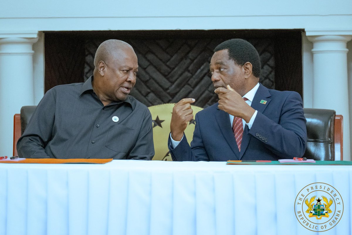 JDMahama's tweet photo. Ghana and Zambia have revitalised the Permanent Joint Commission for Cooperation, providing a structured, results-oriented framework for collaboration across priority sectors, including trade and investment, energy, tourism, mining, agriculture, education, science and technology, youth development, and defence cooperation.

We have signed 10 Memorandums of Understanding as the framework for our cooperation. Prominent among these is the MOU to allow visa-free travel for all categories of passport holders between Ghana and Zambia. This is an important step towards the free movement of our people on the African continent.

#MahamaInZambia