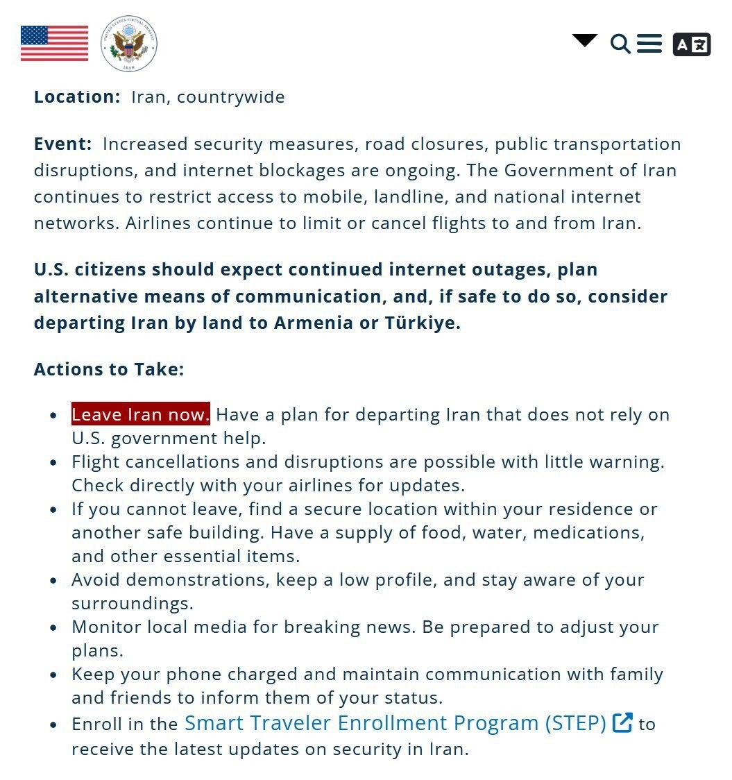 FP_Intel's tweet image. The U.S. has issued a fresh “Leave Iran now” alert, urging Americans to depart immediately.

Citizens are advised to leave without relying on U.S. assistance, preferably by land via Türkiye or Armenia, or shelter in place if unable to depart.
