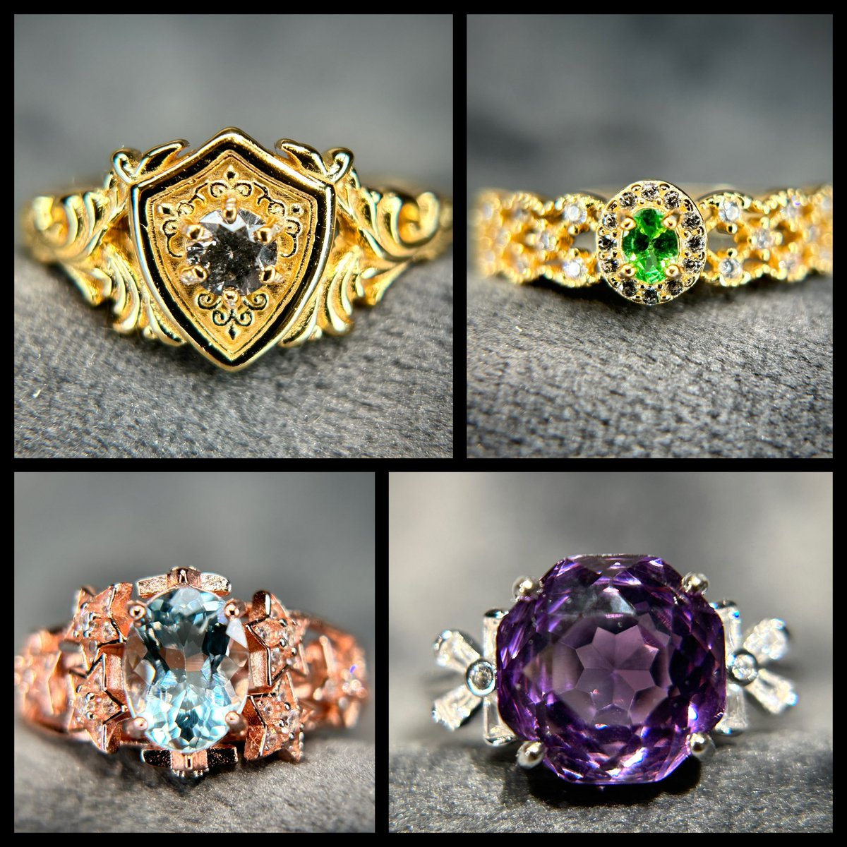 Inormal365's tweet image. 本日はこちらの4点を出品😊
20時～販売開始です。

・ソルト&amp;amp;ペッパーのダイヤモンドを使用した、ガーディアンリング💎

・アクアマリンのシャイニングスターリング🌟

・ツァボライトガーネットを使用した、レースリング💍

・アメシストのカクテルリング💜