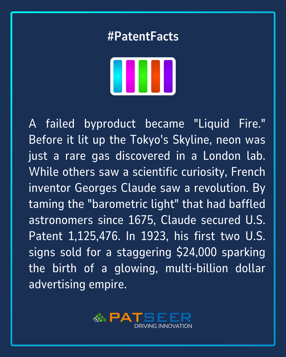 gridlogics's tweet photo. From a barometer glow to iconic neon signs, Claude’s patent turned science into art and industry.
Get smarter insights: https://t.co/bqu6DGMsq3
#PatSeer #Patents #patentsearchai #aipatentsearch #AI #Patentanalysis #PatentInsights #IPIntelligence #PatentDatabase #PatentAnalytics https://t.co/zpG30g32HM