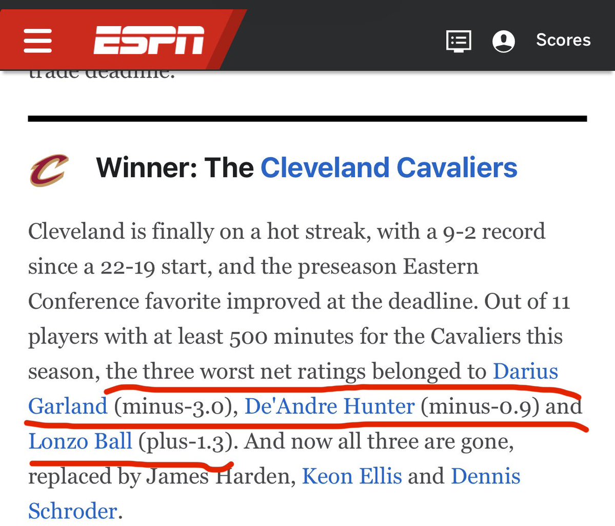 EdGreenberger's tweet image. For #Cavs fans who might not be sure they’re a better team now than they were last weekend, here’s what ESPN says: the metrics show they traded away their three worst players this season. #LetEmKnow
