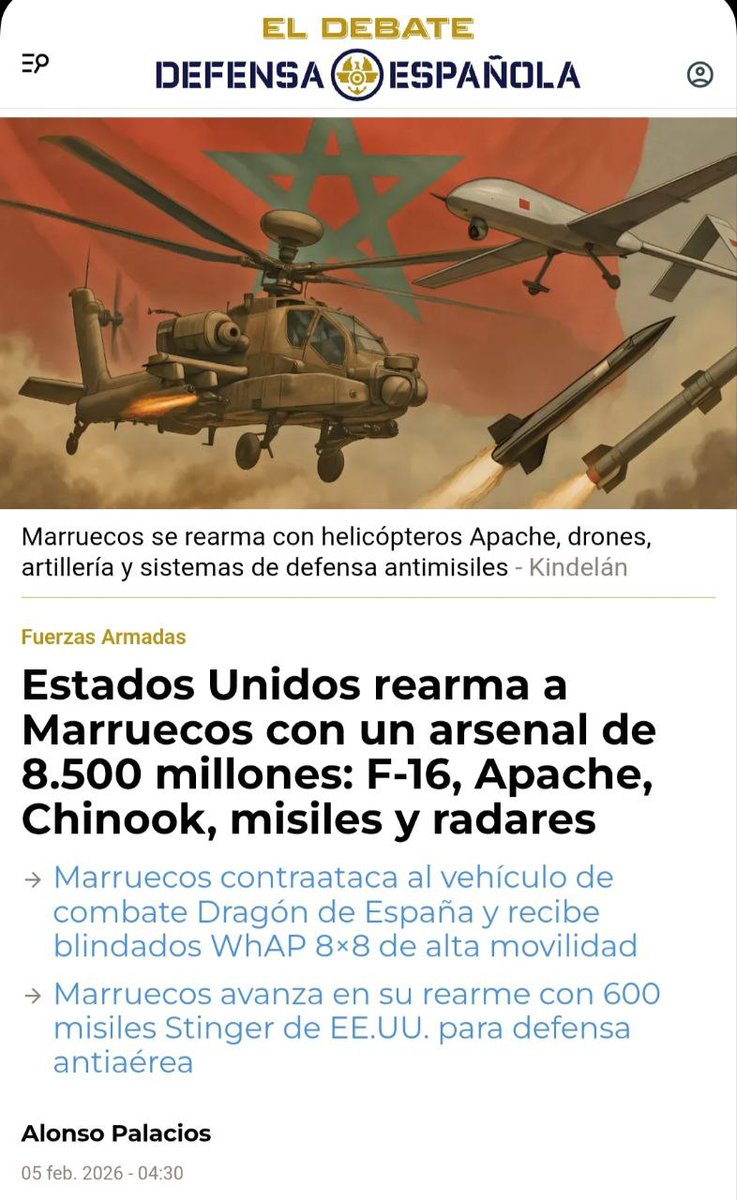 La próxima guerra nos toca. 

Estados Unidos rearma a Marruecos con un arsenal de 8.500 millones: F-16, Apache, Chinook, misiles y radares.