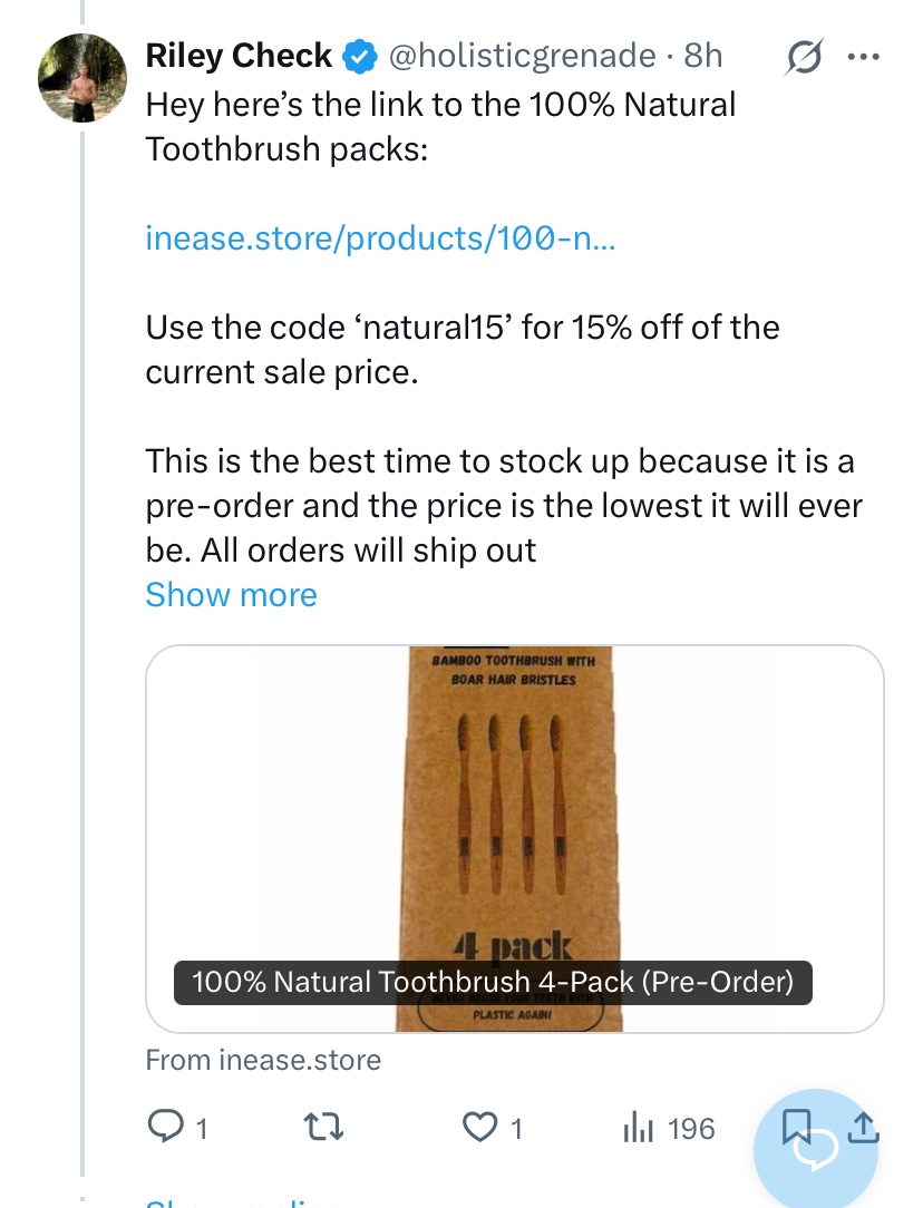 This grifters has not been to dentist I in years bc the carrot by big dental and make teeth rot etc. 
bet ya he gets a cut of any of these natural tooth brushes he is hawking? He does need $$ to support his raw milk and raw chicken diet ….