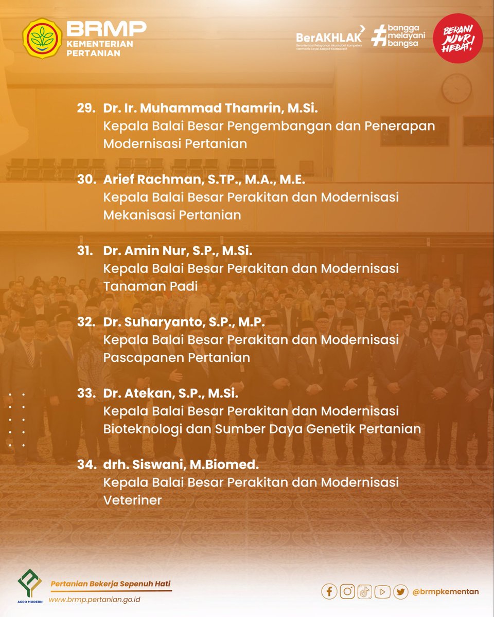 Terima kasih dan apresiasi disampaikan kepada Bapak/Ibu pejabat sebelumnya atas dedikasi, pengabdian, dan kontribusi dalam menguatkan pelaksanaan tugas serta pengembangan kelembagaan BRMP. Capaian yang telah dibangun menjadi fondasi penting bagi keberlanjutan modernisasi