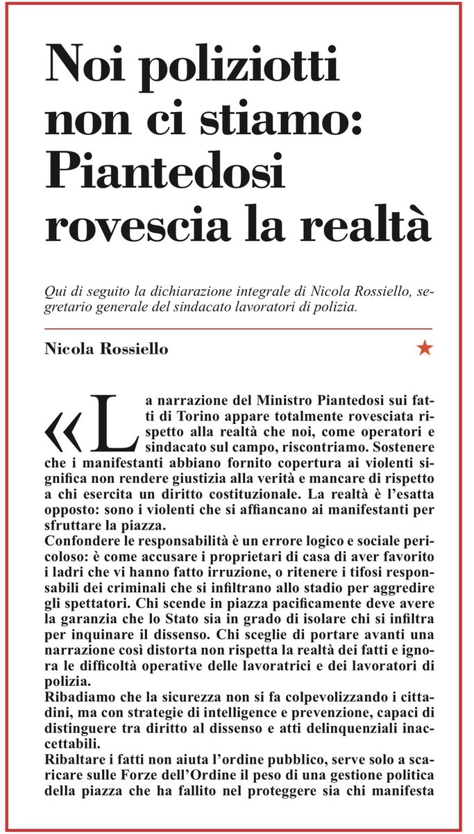 Poliziotti che non ci stanno: Piantedosi rovescia la realtà
“Sostenere che i manifestanti abbiano fornito copertura ai violenti, significa non rendere giustizia alla verità e mancare di rispetto a chi esercita un diritto costituzionale. La realtà è l’esatto opposto: sono i
