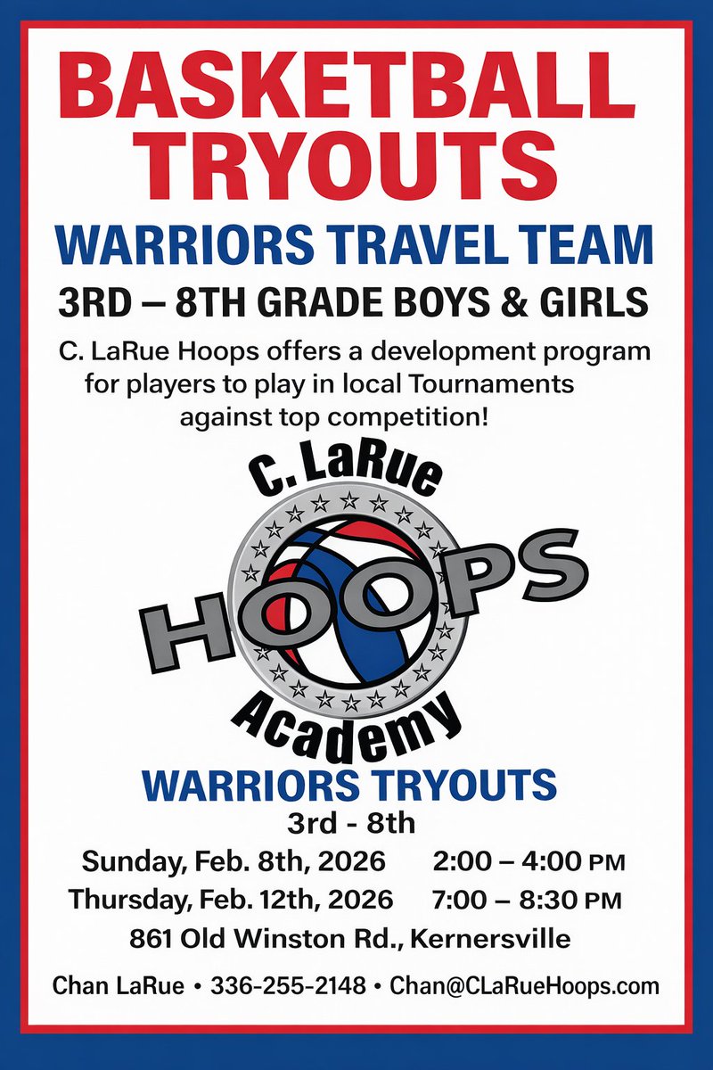 ChanLaRue's tweet photo. C. LaRue Hoops - Travel Team Alert 

Additional Tryout date added for Spring 2026

Fitness Center Kernersville
861 Old Winston Rd. 
Kernersville, NC 27284

Boys &amp; Girls 3rd - 8th Grade 
Sunday 7th, 2026 2:00-4:00 PM
Thursday 12th 2026 7:00-8:30 PM

#basketball https://t.co/Nfit6irLdx